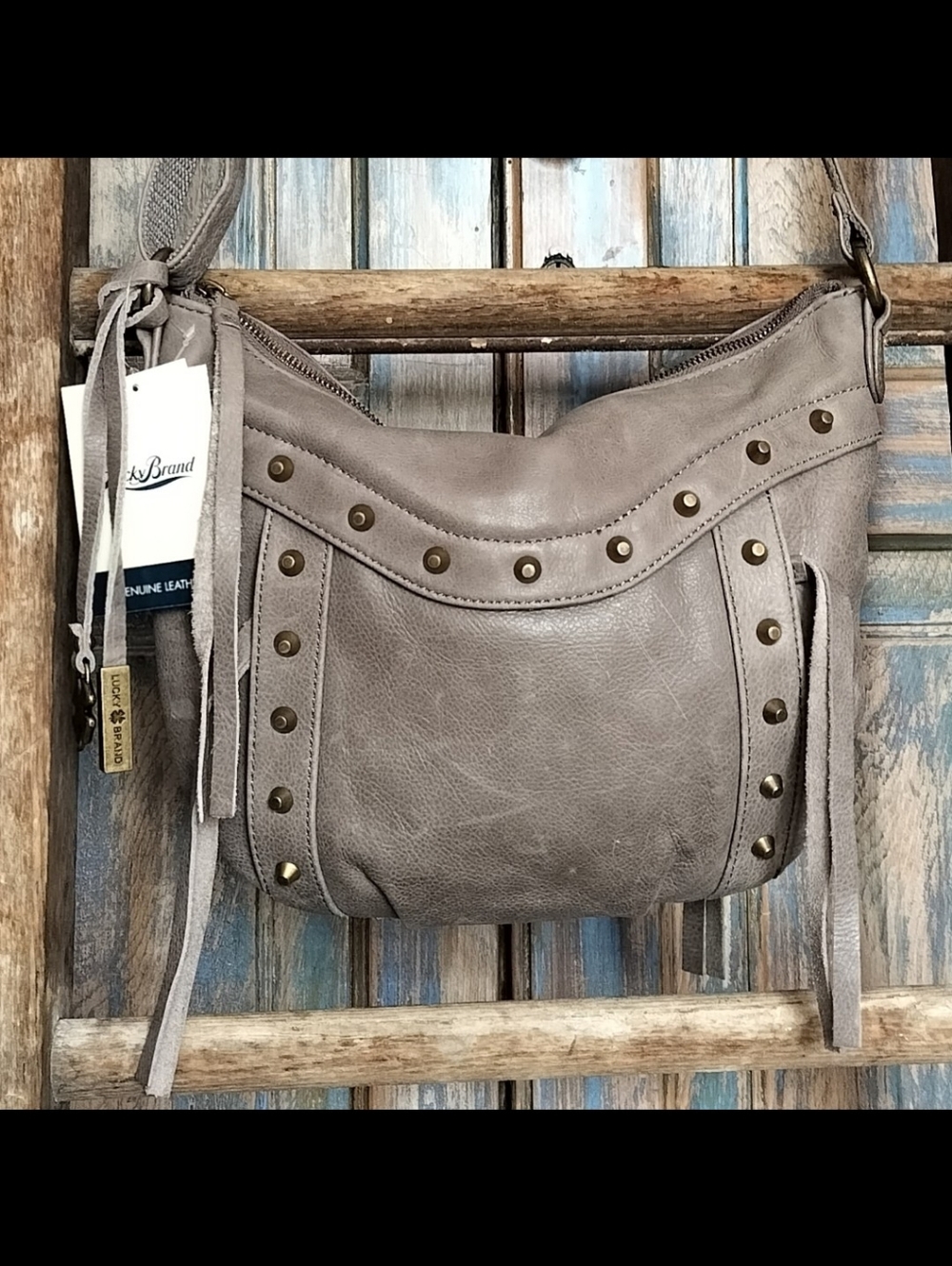 XLNT Lucky Brand Leather Smoke Gray Adjustable Crossbody Shoulder Bag Handbag